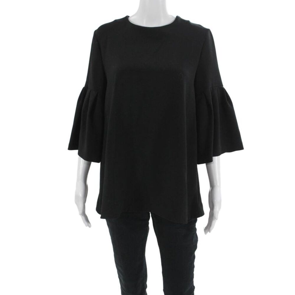 Edit Womens Black Round Neck 3/4 Sleeve Zip Blouse Polyester Spandex Size M